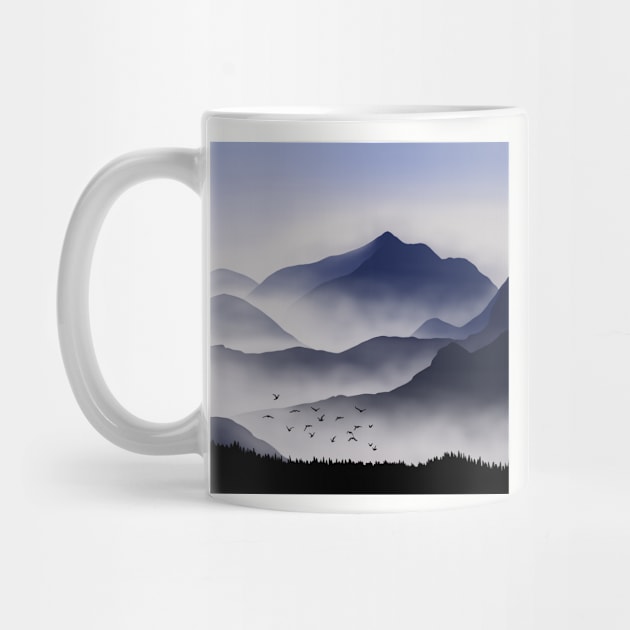 Flock of Birds over Foggy Rocky Hills Landscape Digital Illustration by AlmightyClaire